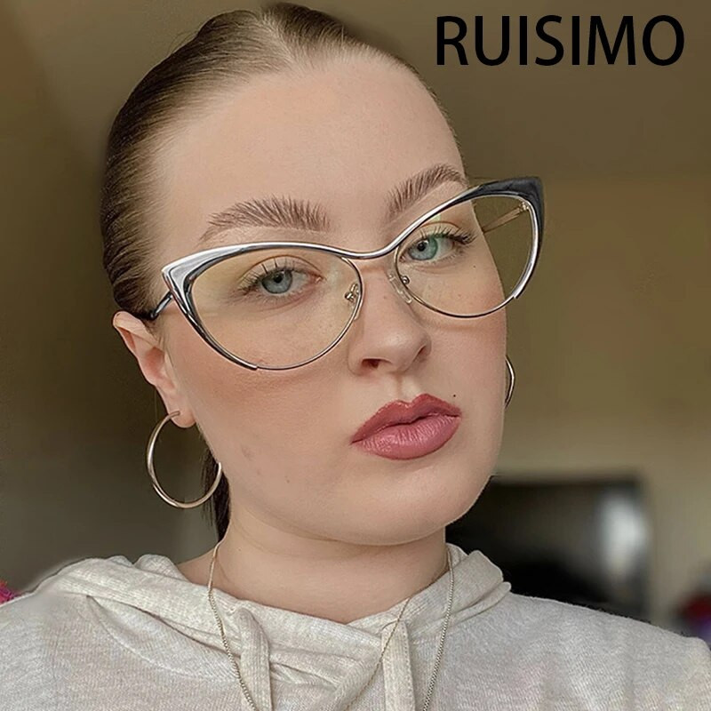 Ochelari de ochelari pentru ochelari cu lumină anti-albăstruie, metal de modă, cadru 2023, ochi de pisică cu personalitate, oglindă plată, ochelari de vedere pentru femei, albastru, tendințe de blocare