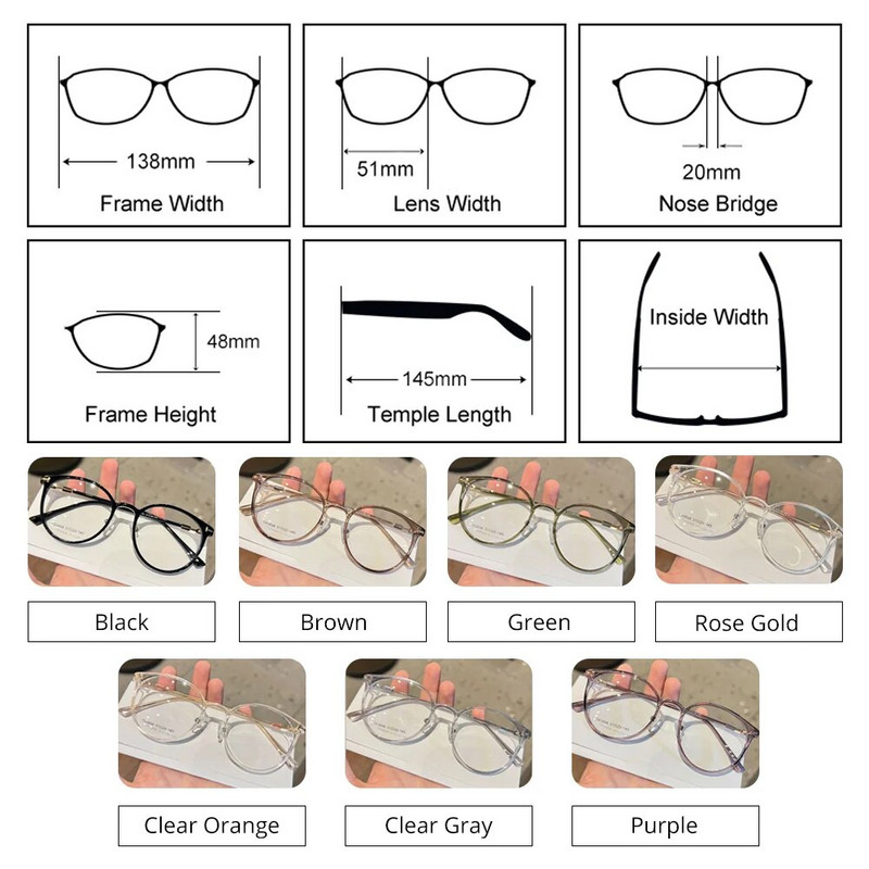 Korejiešu apaļas brūnas brilles briļļu ietvari sievietēm Bez pakāpes recepšu tuvredzība briļļu ietvari sievietēm Caurspīdīga optika