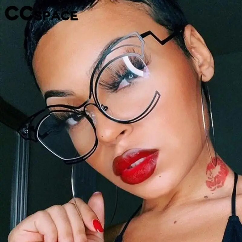 56755 Nauji pusrėmiai tuščiaviduriai optiniai akinių rėmeliai moteriški madingi katės akies metaliniai plokščio veidrodžio akiniai su garbanomis kojomis