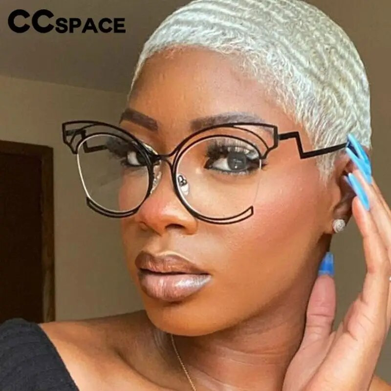 56755 Nauji pusrėmiai tuščiaviduriai optiniai akinių rėmeliai moteriški madingi katės akies metaliniai plokščio veidrodžio akiniai su garbanomis kojomis