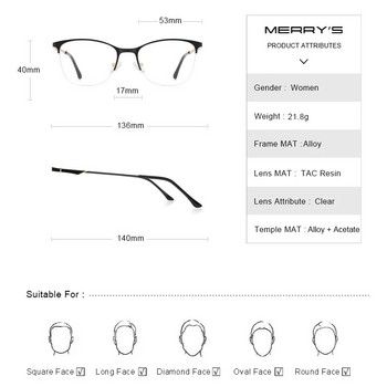 MERRYS DESIGN Дамски очила с котешки очи с половин рамка Дамски модни актуални очила Оптични очила с рецепта за миопия S2006