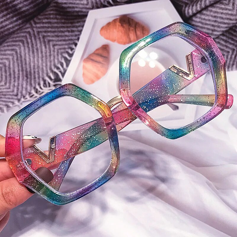 Unikaalsed Rainbow Square Anti-sinised heledad prillid naistele Uus moebränd Hexagon Chic arvutiprillide raam naiste varjud