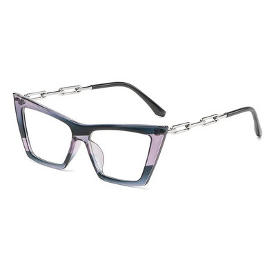 56717 Γυναικεία αλυσίδα μόδας με κοίλο έξω πόδι Οπτικός σκελετός γυαλιών γυαλιών Νέα δίχρωμα Splicing Cat Eye μπλε γυαλιά υπολογιστή