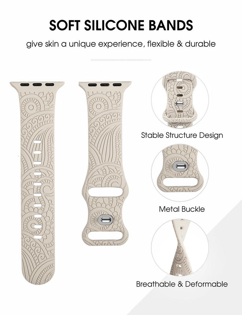 Χαραγμένο λουράκι για Apple Watch 38mm 40mm 41mm 44mm 45mm Floral Silicone Sport Solo Loop Strap for iWatch Series8/7/6/5/4/3/2/1/SE