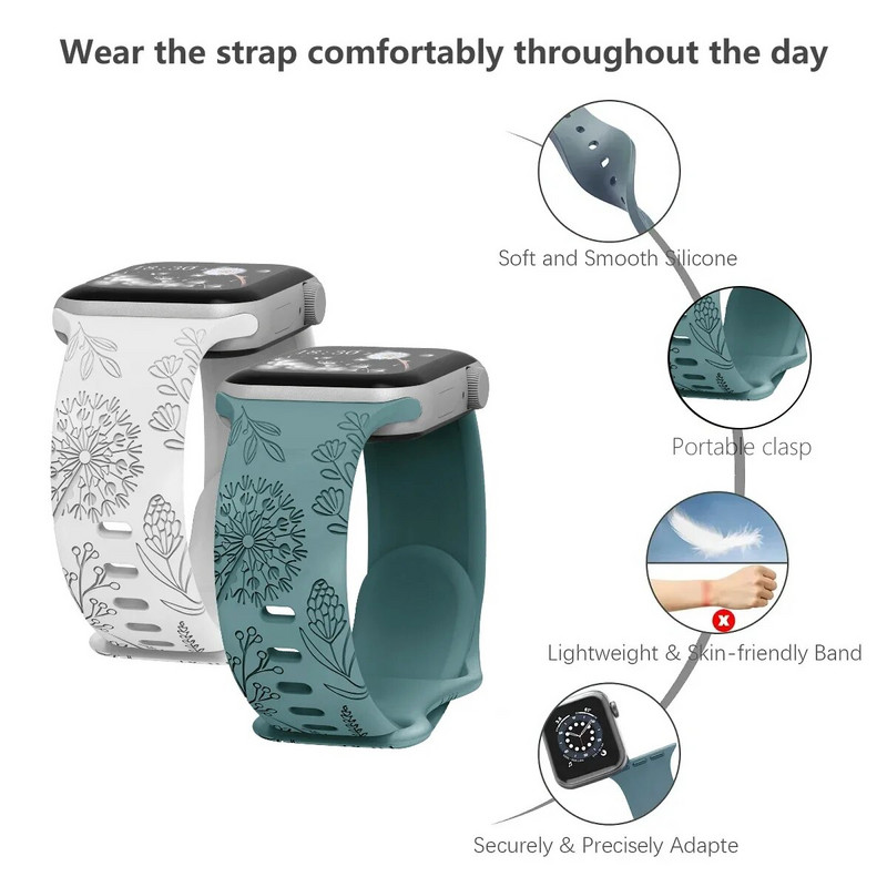 Floral Sport Strap σιλικόνης για Apple Watch 49mm 45mm 44mm 38mm 40mm 41mm Χαραγμένο λουράκι για iWatch Series Ultra 2/9/8/7/6/5/4/3