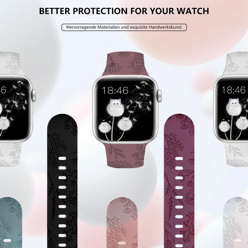 Floral Sport Strap σιλικόνης για Apple Watch 49mm 45mm 44mm 38mm 40mm 41mm Χαραγμένο λουράκι για iWatch Series Ultra 2/9/8/7/6/5/4/3