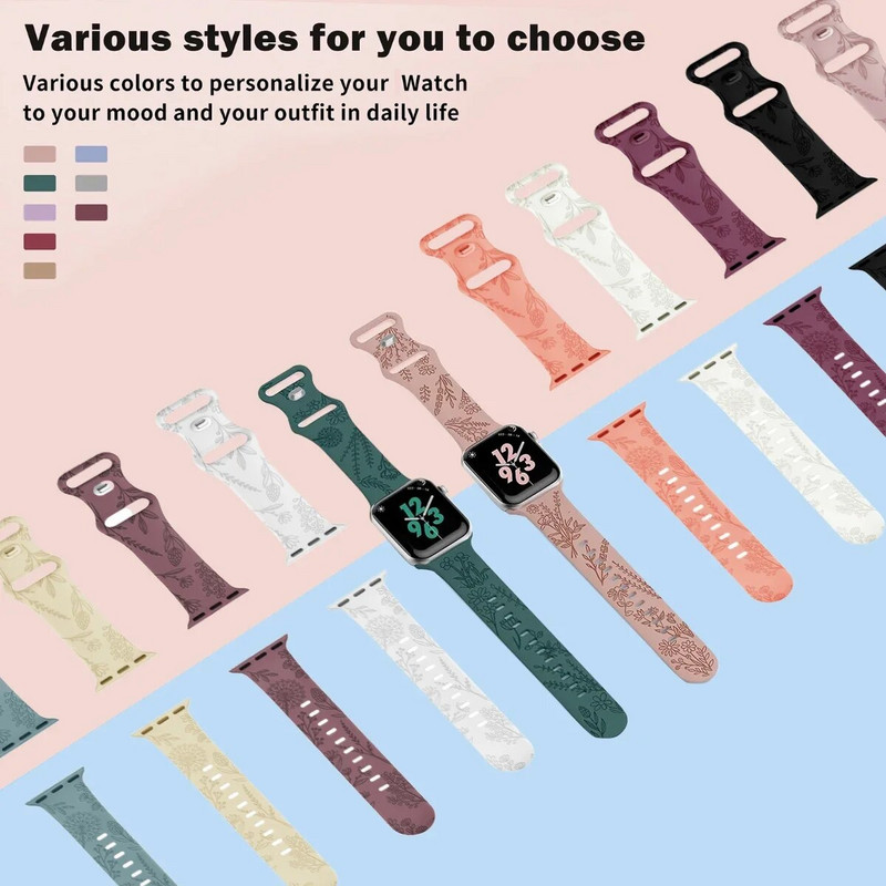 Floral Sport Strap σιλικόνης για Apple Watch 49mm 45mm 44mm 38mm 40mm 41mm Χαραγμένο λουράκι για iWatch Series Ultra 2/9/8/7/6/5/4/3