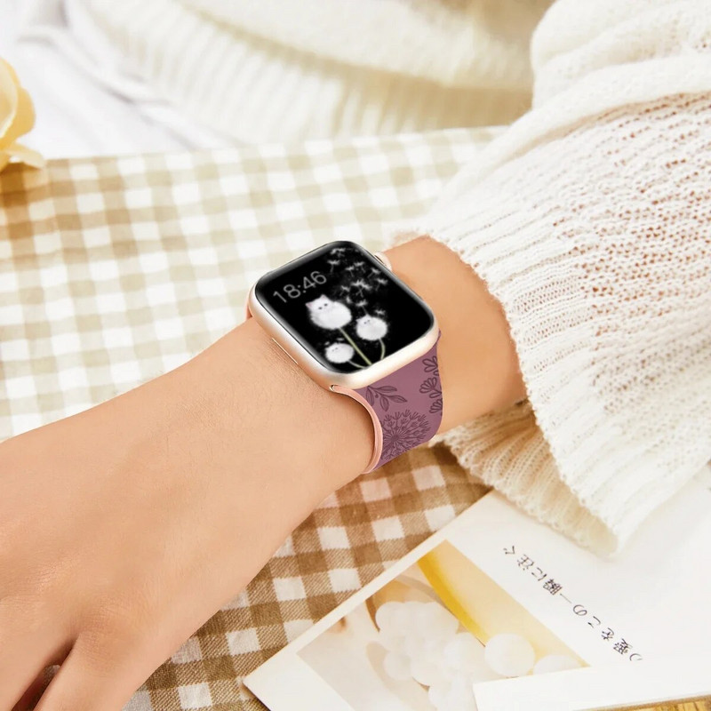 Floral Sport Strap σιλικόνης για Apple Watch 49mm 45mm 44mm 38mm 40mm 41mm Χαραγμένο λουράκι για iWatch Series Ultra 2/9/8/7/6/5/4/3