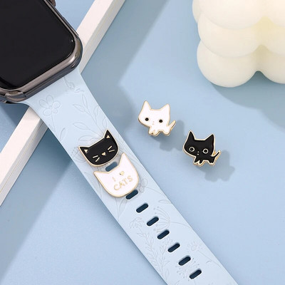 Decorative Charms Cartoon Cute Black White Cats Charm for Iwatch Silicone Watch Band Jewelry Animal Studs for Apple Bracelet