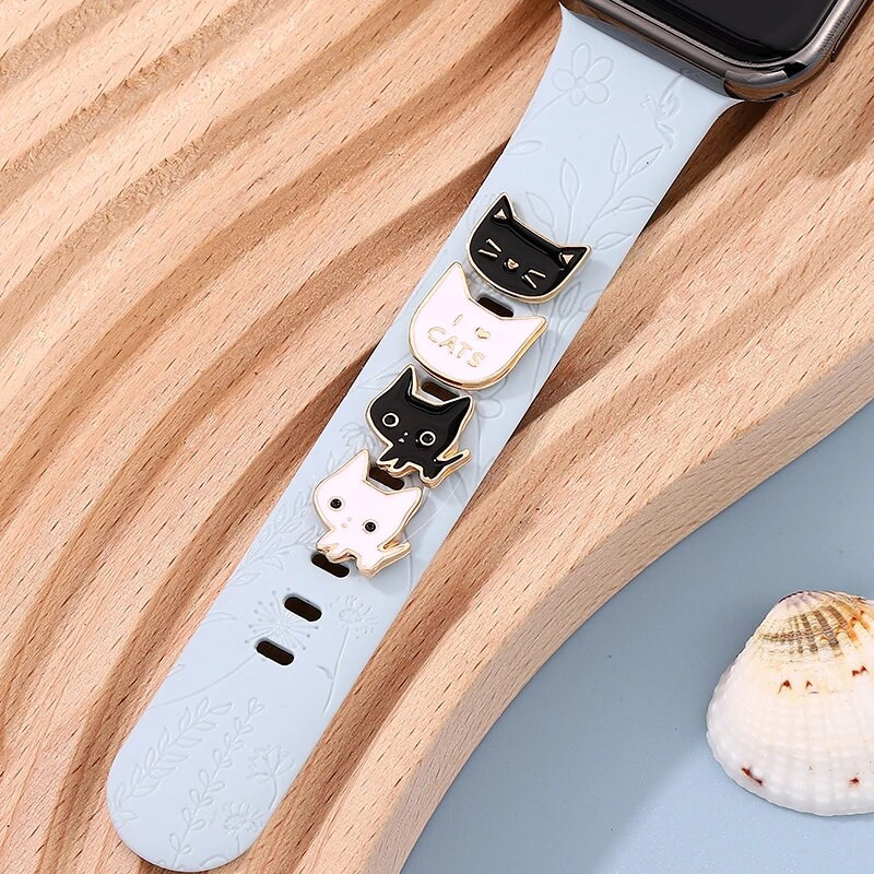 Dekoratīvie piekariņi multfilma jauks melnbalts kaķu šarms Iwatch silikona pulksteņa siksniņai rotaslietas dzīvnieku kniedes ābolu rokassprādzei