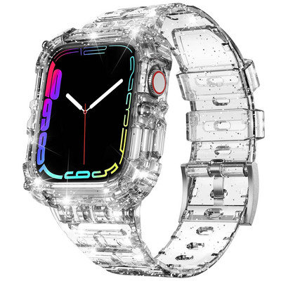 Letter Sport Clear Band + Θήκη για Apple Watch 7 6 SE 5 4 3 Διαφανές πλαστικό λουράκι για iwatch Watchband 41MM 40 38 44 45 42