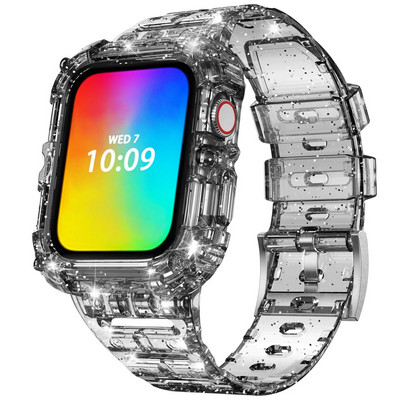 Letter Sport Clear Band + Θήκη για Apple Watch 7 6 SE 5 4 3 Διαφανές πλαστικό λουράκι για iwatch Watchband 41MM 40 38 44 45 42