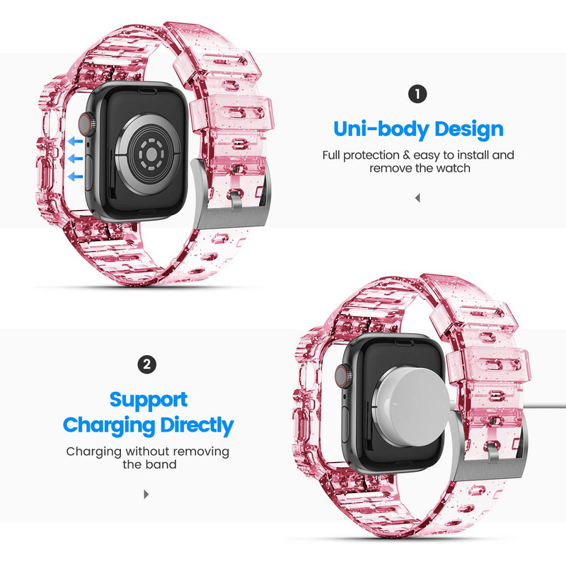 Letter Sport caurspīdīga siksniņa + futrālis Apple pulkstenim 7 6 SE 5 4 3 Caurspīdīga plastmasas siksniņa iwatch pulksteņa siksniņai 41MM 40 38 44 45 42