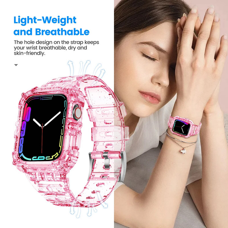 Letter Sport caurspīdīga siksniņa + futrālis Apple pulkstenim 7 6 SE 5 4 3 Caurspīdīga plastmasas siksniņa iwatch pulksteņa siksniņai 41MM 40 38 44 45 42