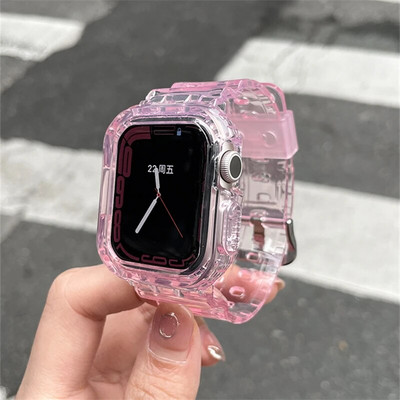 2023 New Letter Sport Clear Band + Θήκη για Apple Watch 7 6 SE 5 4 3 Διαφανές πλαστικό λουράκι για iwatch Strap 41MM 40 38 44 45