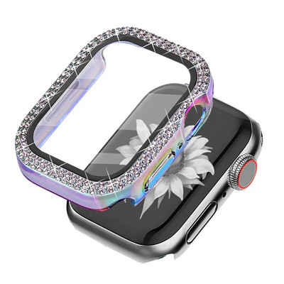 Bling stikls+apvalks Apple pulksteņa korpusam 44mm 45 41mm 40mm 44mm sievietēm Dimanta buferis+ekrāna aizsargs iwatch series 7 9 8 5 6 SE