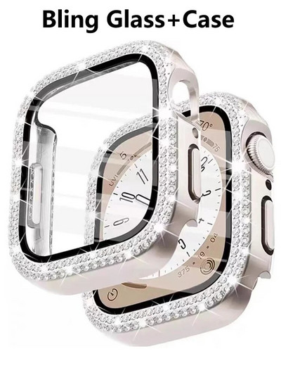 Bling стъкло+капак за калъф за Apple Watch 44mm 45 41mm 40mm 44 mm жени Диамантена броня+протектор за екран iwatch series 7 9 8 5 6 SE