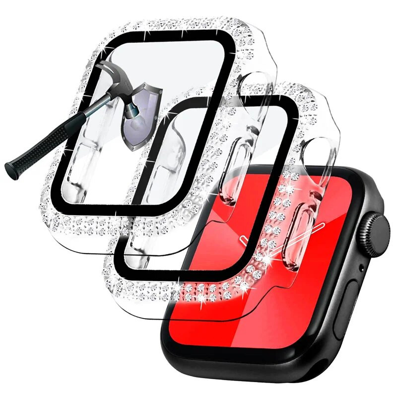 Bling stikls+apvalks Apple pulksteņa korpusam 44mm 45 41mm 40mm 44mm sievietēm Dimanta buferis+ekrāna aizsargs iwatch series 7 9 8 5 6 SE