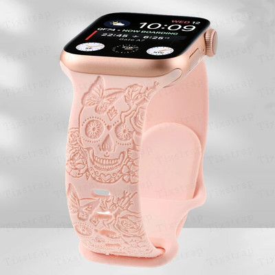 Skull Engraved Strap For Apple Watch Band Ultra 2 49mm 45 44 40 41 42 38mm Floral Silicone Bracelet For iWatch Series 8 9 765 SE