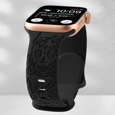 Skull Engraved Strap For Apple Watch Band Ultra 2 49mm 45 44 40 41 42 38mm Floral Silicone Bracelet For iWatch Series 8 9 765 SE