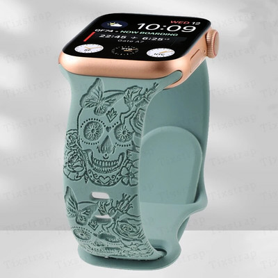 Skull Engraved Strap For Apple Watch Band Ultra 2 49mm 45 44 40 41 42 38mm Floral Silicone Bracelet For iWatch Series 8 9 765 SE