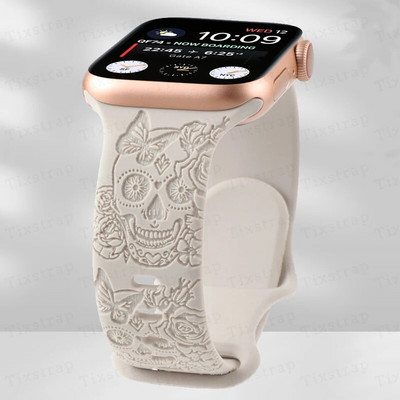 Skull Engraved Strap For Apple Watch Band Ultra 2 49mm 45 44 40 41 42 38mm Floral Silicone Bracelet For iWatch Series 8 9 765 SE