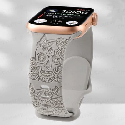 Skull Engraved Strap For Apple Watch Band Ultra 2 49mm 45 44 40 41 42 38mm Floral Silicone Bracelet For iWatch Series 8 9 765 SE