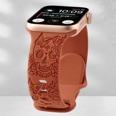 Skull Engraved Strap For Apple Watch Band Ultra 2 49mm 45 44 40 41 42 38mm Floral Silicone Bracelet For iWatch Series 8 9 765 SE