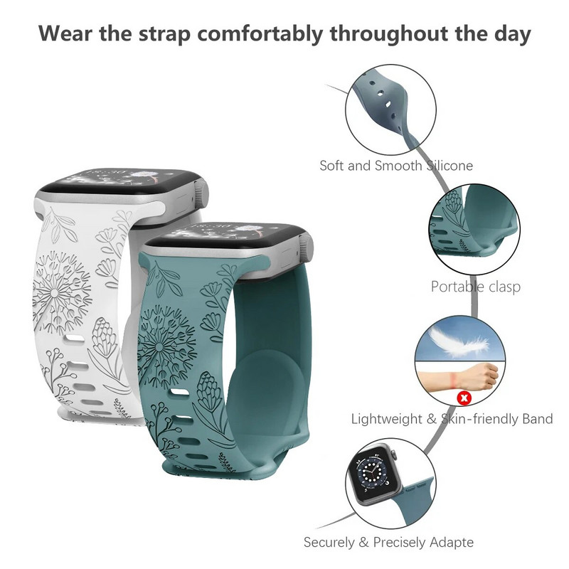 Skull Engraved Strap For Apple Watch Band Ultra 2 49mm 45 44 40 41 42 38mm Floral Silicone Bracelet For iWatch Series 8 9 765 SE