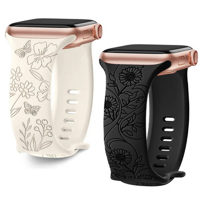 Λουράκι για Apple Watch Band 44mm 42mm 41mm 40mm 45mm 49mm 44 mm Βραχιόλι με floral χαραγμένο correa iwatch series 9 7 SE 6 8 Ultra 2