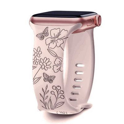 Λουράκι για Apple Watch Band 44mm 42mm 41mm 40mm 45mm 49mm 44 mm Βραχιόλι με floral χαραγμένο correa iwatch series 9 7 SE 6 8 Ultra 2