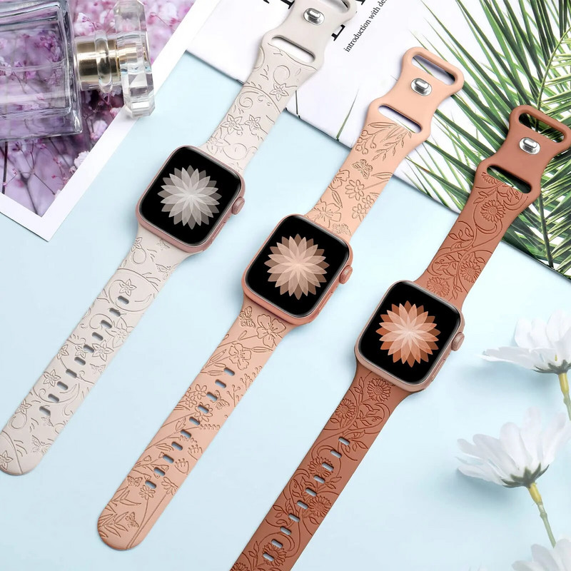 Λουράκι για Apple Watch Band 44mm 42mm 41mm 40mm 45mm 49mm 44 mm Βραχιόλι με floral χαραγμένο correa iwatch series 9 7 SE 6 8 Ultra 2