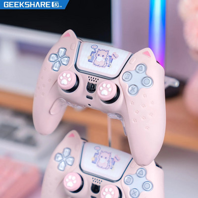 GeekShare PS5 Controller Case Set Silicone Cute Cat Thumb Grip Caps + PS5 Controller Shell Cover + Stiker за SONY Playstation 5