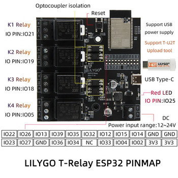 LILYGO® TTGO T-Relay ESP32 Безжичен модул DC 5V 4 групи релейна платка за разработка 4MB Flash WiFi Bluetooth Дистанционно управление на превключвателя