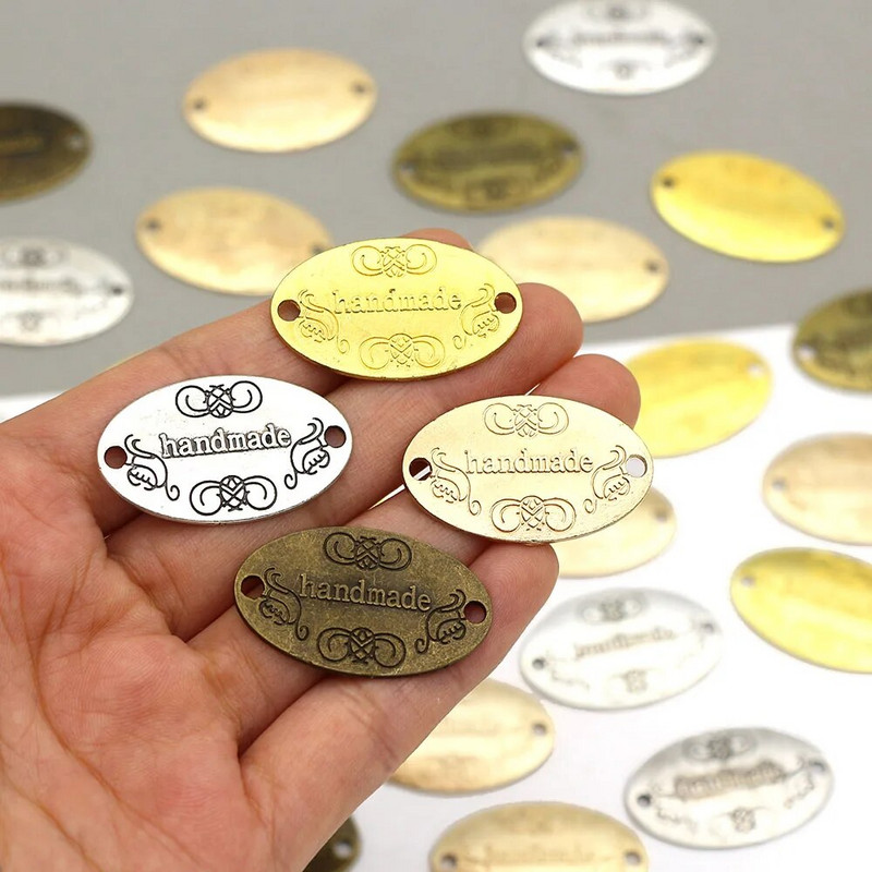 10 tk Käsitsi valmistatud sildid hõbedane pronks vibu metallist sildid riietele mütsid Vintage sulamist käsitsi valmistatud silt õmblustarvikud 31*19mm