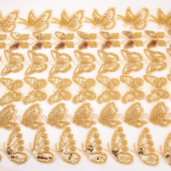 Пеперуда златна дантела с перлени мъниста панделки украсени шевни дубайски бродирани мрежести тъкани за сватбена рокля украсена лента с пайети за направи си сам