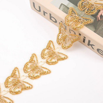 Пеперуда златна дантела с перлени мъниста панделки украсени шевни дубайски бродирани мрежести тъкани за сватбена рокля украсена лента с пайети за направи си сам