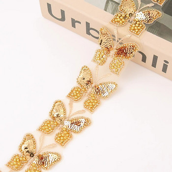 Πεταλούδα χρυσό κορδέλες με μαργαριτάρια με χάντρες Διακοσμητικό ράψιμο Ντουμπάι Κεντημένα διχτυωτά υφάσματα για νυφικό Διακοσμητικό κορδέλα παγιέτα για diy