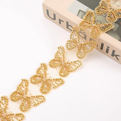 Leptir, zlatna čipka, biserne vrpce s perlama Obrub Šivanje Dubai Vezene mrežaste tkanine za vjenčanicu Obrub Šljokice Vrpca za Diy