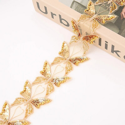 Leptir, zlatna čipka, biserne vrpce s perlama Obrub Šivanje Dubai Vezene mrežaste tkanine za vjenčanicu Obrub Šljokice Vrpca za Diy