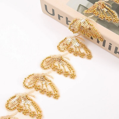 Leptir, zlatna čipka, biserne vrpce s perlama Obrub Šivanje Dubai Vezene mrežaste tkanine za vjenčanicu Obrub Šljokice Vrpca za Diy