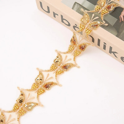 Leptir, zlatna čipka, biserne vrpce s perlama Obrub Šivanje Dubai Vezene mrežaste tkanine za vjenčanicu Obrub Šljokice Vrpca za Diy