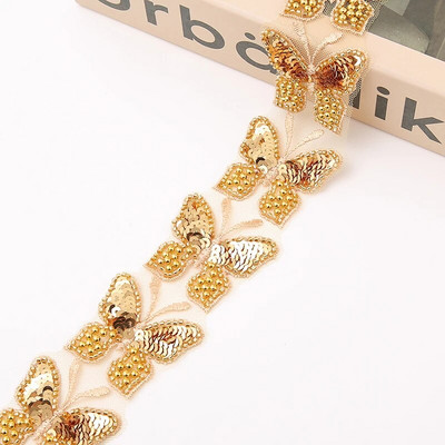 Leptir, zlatna čipka, biserne vrpce s perlama Obrub Šivanje Dubai Vezene mrežaste tkanine za vjenčanicu Obrub Šljokice Vrpca za Diy