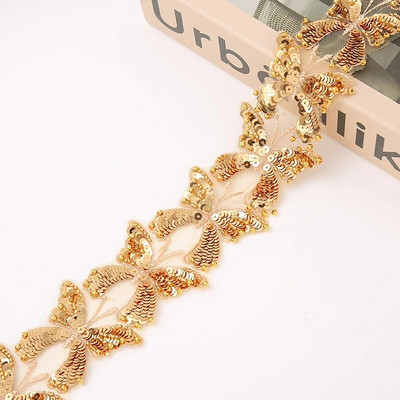 Leptir, zlatna čipka, biserne vrpce s perlama Obrub Šivanje Dubai Vezene mrežaste tkanine za vjenčanicu Obrub Šljokice Vrpca za Diy