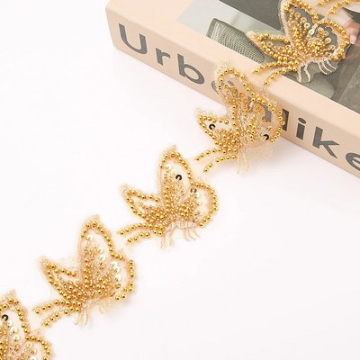 Leptir, zlatna čipka, biserne vrpce s perlama Obrub Šivanje Dubai Vezene mrežaste tkanine za vjenčanicu Obrub Šljokice Vrpca za Diy