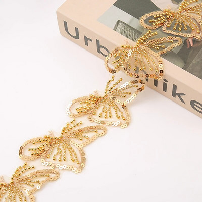 Leptir, zlatna čipka, biserne vrpce s perlama Obrub Šivanje Dubai Vezene mrežaste tkanine za vjenčanicu Obrub Šljokice Vrpca za Diy
