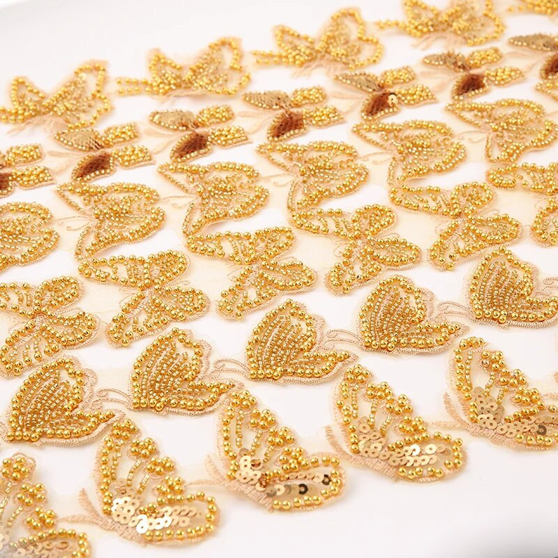 Πεταλούδα χρυσό κορδέλες με μαργαριτάρια με χάντρες Διακοσμητικό ράψιμο Ντουμπάι Κεντημένα διχτυωτά υφάσματα για νυφικό Διακοσμητικό κορδέλα παγιέτα για diy