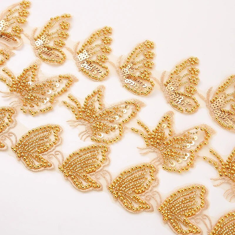 Πεταλούδα χρυσό κορδέλες με μαργαριτάρια με χάντρες Διακοσμητικό ράψιμο Ντουμπάι Κεντημένα διχτυωτά υφάσματα για νυφικό Διακοσμητικό κορδέλα παγιέτα για diy