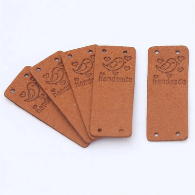 10Pcs/Set Hand Made With Bird Labels Tags For Clothes Handmade PU Leather Labels DIY Hats Bags Sewing Tags Garment Accessories