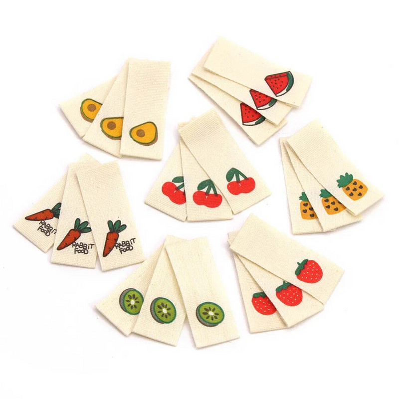 20gab. Augļu auduma etiķetes Roku darbs Etiķete Zemeņu Arbūzs Ar rokām gatavota Etiķete bērniem DIY zeķu šalles šūšanas piederumi 13*38MM